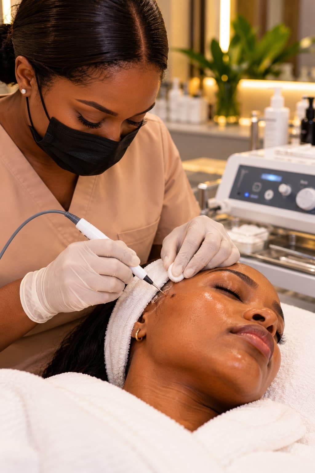 A practitioner reviewing skin notes on a tablet